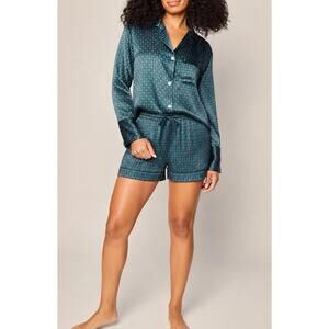Petite Plume 100% Silk Mulberry Emerald Foulard Long Sleeve Short Pajama Set XS